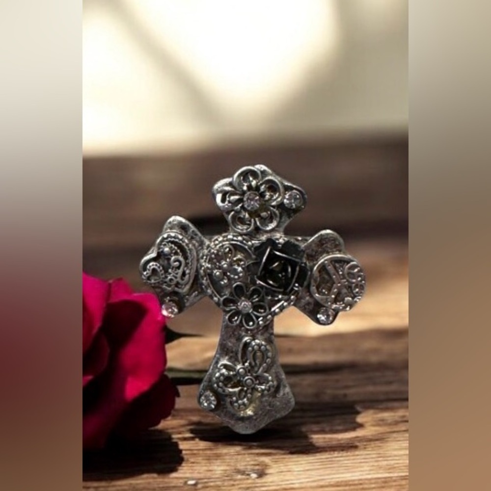 Silver Ornate Cross ring EXPANDABLE RING